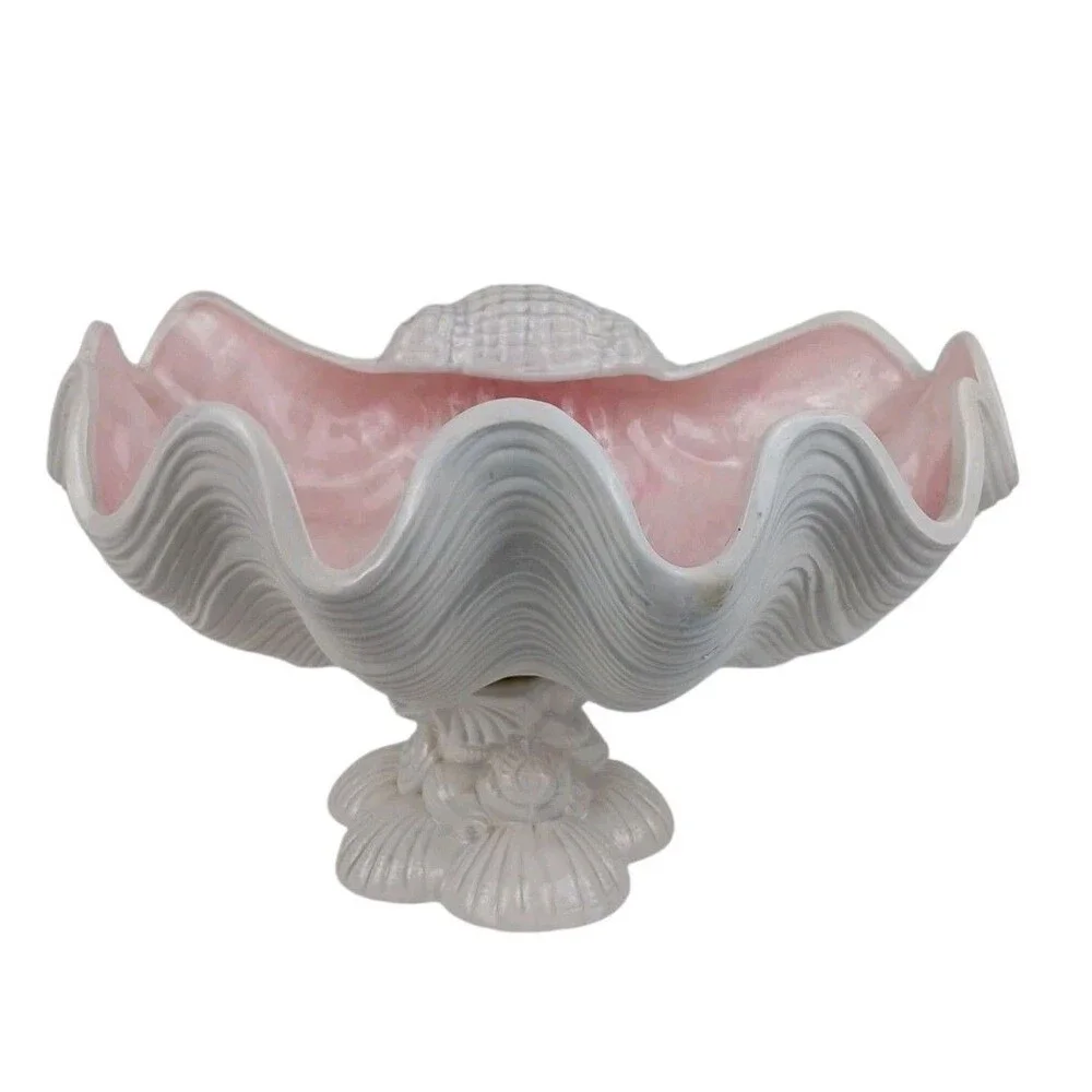 Vtg Large Deco Regency MCM Pink Ceramic Oyster Shell Clamshell Bowl Planter